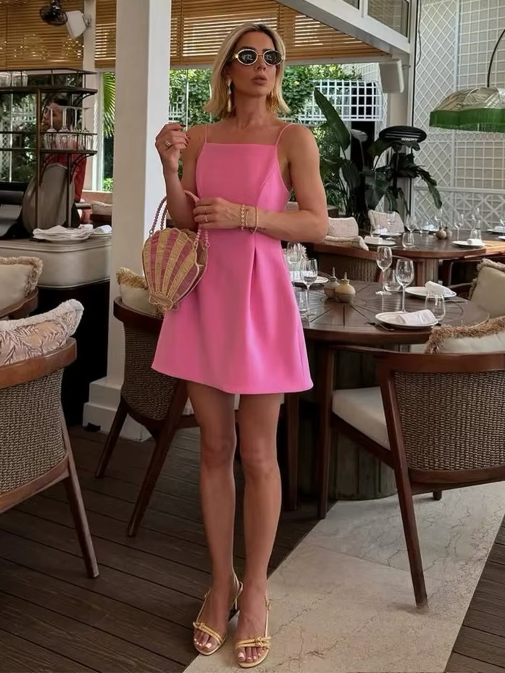 Zara Hot Pink Square-Neck Mini Dress with Thin Straps